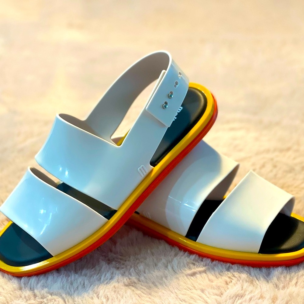 White Sandals with Yellow and Red Soles